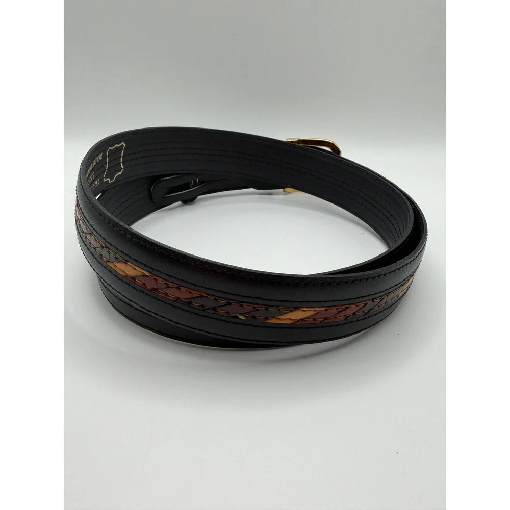 VTG Genuine Leather Belt Multi Color Braided Exotic Inlay Gold Buckle Western ML